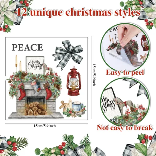 Miniatura 2 de Whaline 12 hojas de calcomanías de transferencia con diseño navideño clásico de acuarela, incluye muñeco de nieve, gnomo, Santa Claus, flores