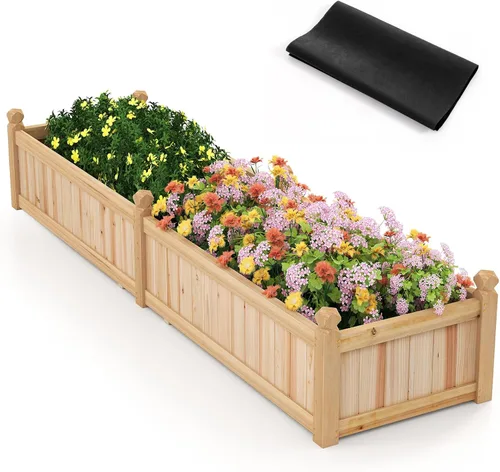 Miniatura 11 de Giantex Cama de jardín elevada de madera, cama de plantación con drenaje de esquina, forro no tejido para cultivar verduras, flores, hierbas