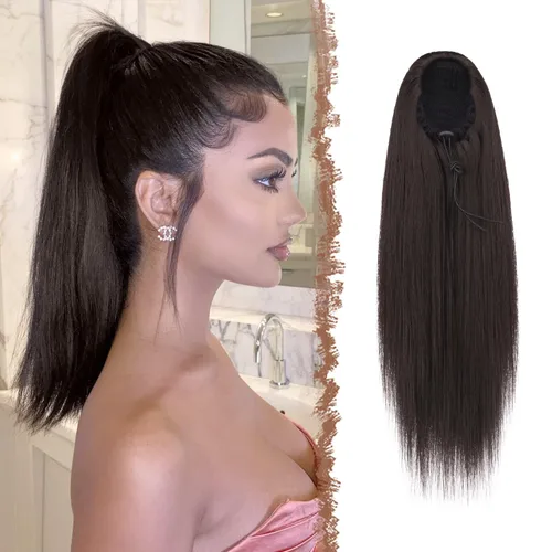 Miniatura 12 de FESHFEN Extensiones de cola de caballo rectas, colas de caballo largas con cordón, cola de caballo sintética con clip para mujer, color negro