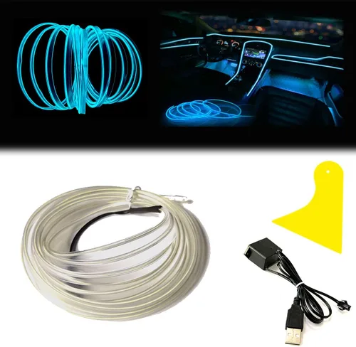 Miniatura 9 de Tira de luces LED de cable electroluminiscente azul para interior de automóvil, 6.5 pies de cable de neón con controlador USB de 5 voltios