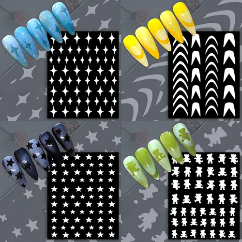 Miniatura 8 de 6 hojas de plantillas de aerógrafo, calcomanías de uñas para arte de uñas, autoadhesivas, estrellas, mariposa, punta francesa, corazón, calcomanías