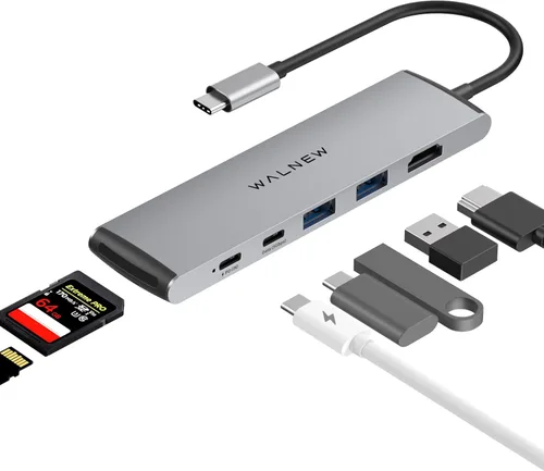 Hub USB C, WALNEW 7 en 1, estación de acoplamiento USB-C con HDMI 4K, 100 W PD, 3 puertos de datos de 5 Gbps (1 USBC y 2 USB 3.0), lector de Plateado