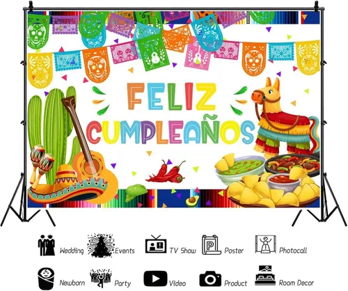 Miniatura 2 de Telón de fondo de feliz cumpleaños de 7 x 5 pies, decoración de fiesta mexicana, fiesta de feliz cumpleaños, festival del Cinco de Mayo, cartel