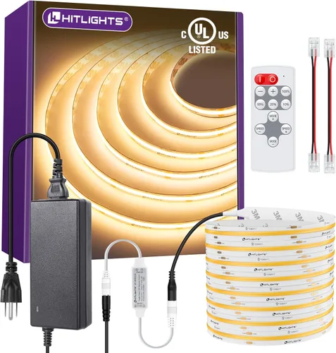 Miniatura 9 de HitLights - Tira de luces LED COB de color blanco cálido de 3000 K, cinta de luz de alta densidad de 32.8 pies de 24 V, 5120 LED, 350+ lm/pies, CRI