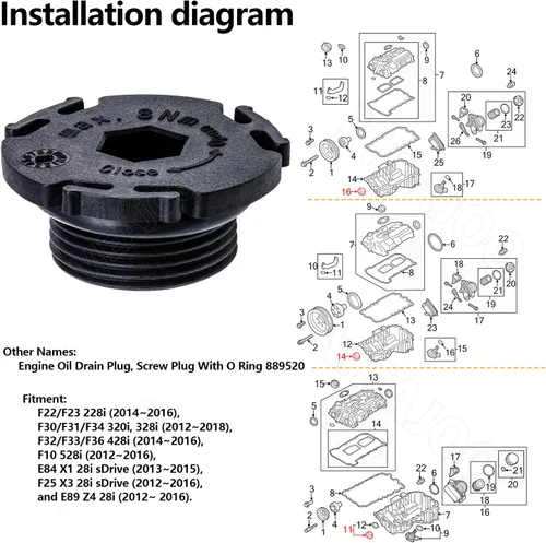 Miniatura 5 de 5 piezas de tapón de drenaje de bandeja de aceite del motor con sello de anillo en O 11137605018 Compatible con BMW 228i 320i 328i 428i 528i X1 X3