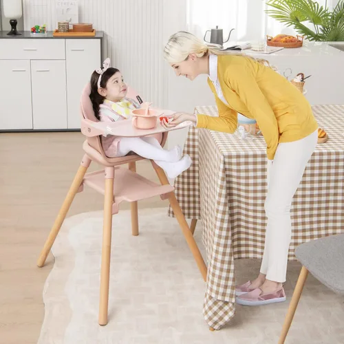Miniatura 8 de BABY JOY Silla Alta para Bebé, Trona Convertible de Madera 6 en 1 para Bebés y Niños Pequeños con Patas Ajustables, Doble Bandeja Extraíble, Arnés