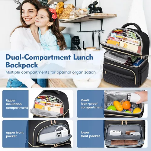 Miniatura 2 de Mochila Refrigeradora Lonchera Mochilas de Doble Piso Caja de Almuerzo, Mochilas Aisladas Bolsas Refrigeradoras de Almuerzo, Lonchera Liviana a Negro