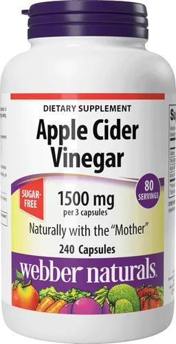 Webber Naturals Cápsulas de vinagre de sidra de manzana, ACV con madre, 1500 mg por porción, alta potencia, 240 cápsulas = 80 porciones, soporte