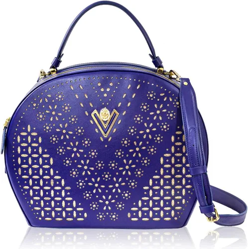 Valentino Orlandi Bolso grande de diseñador italiano para mujer, bolso de boliche, asa superior, tanzanita, bordado, de piel auténtica, diseño