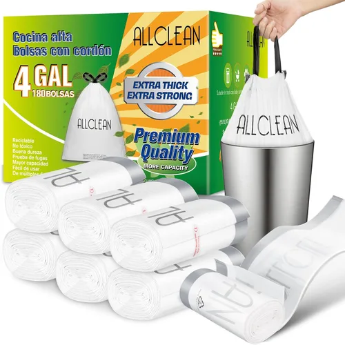 Miniatura 8 de Bolsas de basura de 4 galones, 90 bolsas de basura ultra duraderas y resistentes con cordón, gruesas resistentes al desgarro, sin perfume, Blanco