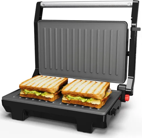 Sunvivi Sandwichera Panini Press: Parrilla eléctrica de prensa Panini con tapa de bloqueo, fabricante de panini portátil para interiores con placas