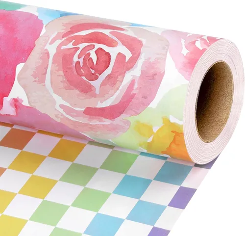 Miniatura 12 de LaRibbons Rollo de papel de regalo reversible floral azul, elegante diseño de peonía azul y blanco, envoltura de regalo china para el día de San