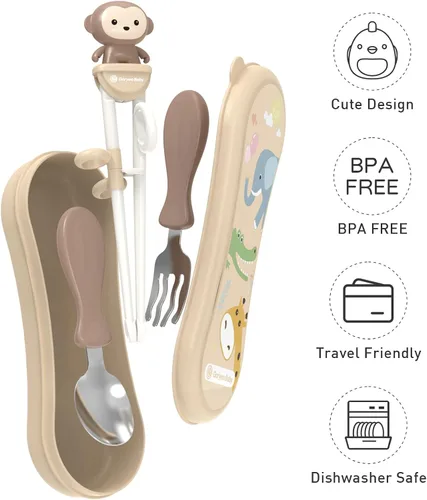Miniatura 2 de Utensilios para niños pequeños, juego de cubiertos de acero inoxidable con palillos de entrenamiento para niños, cuchara y tenedor