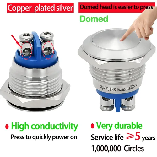 Miniatura 5 de (3 piezas) interruptor de botón momentáneo impermeable IP67 de 16 mm 5/8" con cabeza abovedada de acero inoxidable 304, 5V-250V CC/CA, SPST