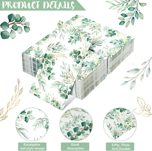 Miniatura 3 de 100 servilletas de eucalipto desechables de 3 capas de papel de hojas de eucalipto verdes para invitados, servilletas de cóctel, papel verde