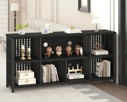 Miniatura 8 de LVB Estantería Horizontal Negra, Organizador de Almacenamiento Moderno en Cubos Estantería, Estante Industrial Ancho Largo de Madera Metal