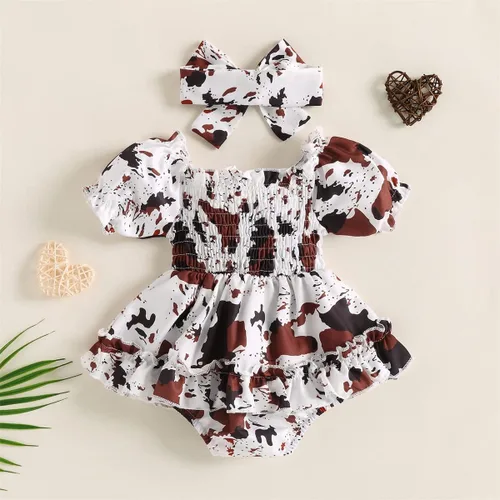 Miniatura 7 de YINGISFITM Mameluco de manga larga para bebé niña con volantes, estampado de vaca, vestido de verano, ropa linda