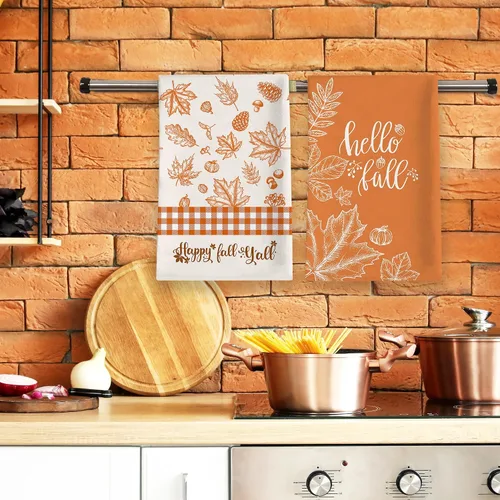 Miniatura 6 de Toallas de cocina de otoño, juego de 2, calabazas de otoño con hojas de arce, naranja a cuadros, paños de cocina para baño, temporada de Acción