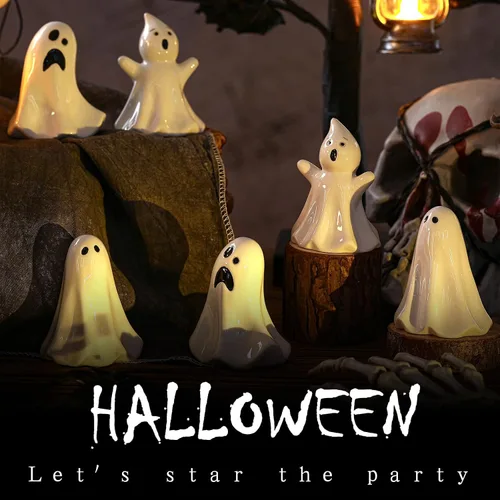 Miniatura 4 de Domensi 6 piezas de figuras blancas de cerámica de fantasma, estatua de fantasma, decoración espeluznante de Halloween, decoración de estatua