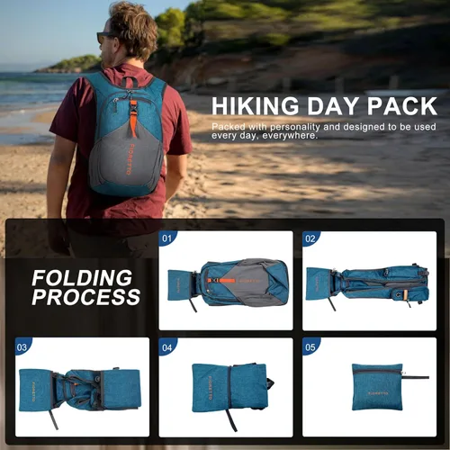 Miniatura 9 de FIORETTO Mochila de senderismo de 15L para mujeres y hombres, mochila mini plegable, mochila ligera pequeña para acampar, viajar al aire libre