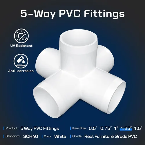 Miniatura 2 de Accesorios de PVC de 1-1/4 pulgadas, 5 vías (paquete de 4), conector de tubería de PVC de grado de muebles de 1-1/4 pulgadas, codo de PVC de 1-1/4