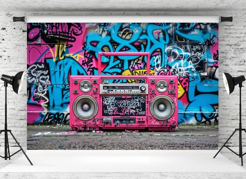 Miniatura 2 de Fondo retro de hip hop de 12 x 10 pies con diseño de grafiti rosa para fiesta temática de los años 80 y 90, celebración de hip hop, decoración