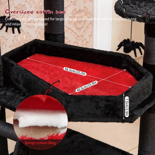 Miniatura 4 de YARUOMY - Árbol gótico para gatos con cama de ataúd, torre para gatos de 55" con amplio condominio para gatos, postes para rascar, bola colgante