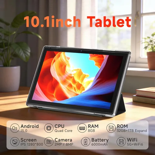 Miniatura 2 de WUIUHOU Tablet Android 15 de 10.1 pulgadas, 8 GB de RAM y 32 GB de almacenamiento, pantalla HD IPS, batería 5G WiFi 6,6000 mAh, cámara dual