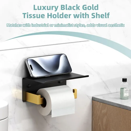 Miniatura 6 de Soporte de papel higiénico con estante para teléfono, color negro y dorado, dispensador de rollos de papel de acero inoxidable APLusee 304