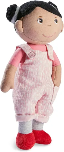 HABA Snug Up Doll Rumbi - Muñeca suave de 10 pulgadas con cabello negro y overol rosa - Lavable a máquina para 18 meses en adelante