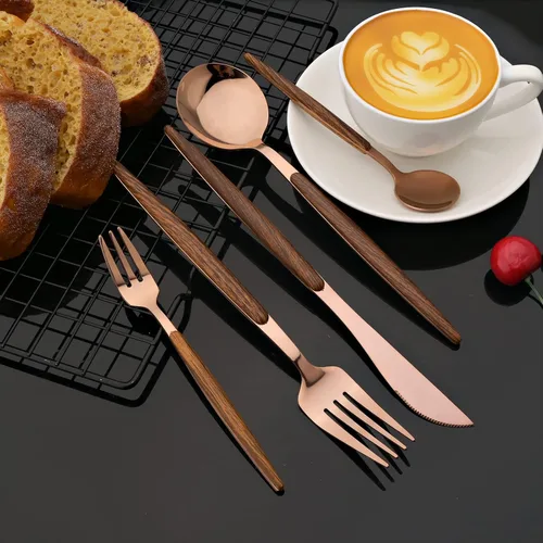 Miniatura 3 de JASHII Juego de cubiertos con mango de madera, 20 piezas de cubiertos de acero inoxidable, pulido con espejo, juego de cucharas y tenedores