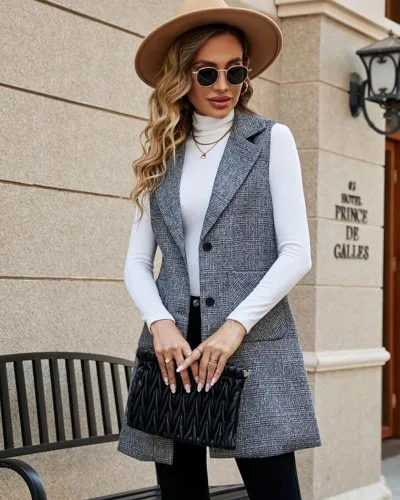 Miniatura 3 de Kedera Chaleco largo de un solo pecho para mujer, casual, sin mangas, con bolsillo, ropa de abrigo larga