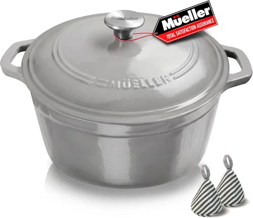 Miniatura 23 de MÜELLERHOME Horno holandés de hierro fundido esmaltado, 6 cuartos de galón, resistente, cazuela con tapa y perilla de acero inoxidable, para todas