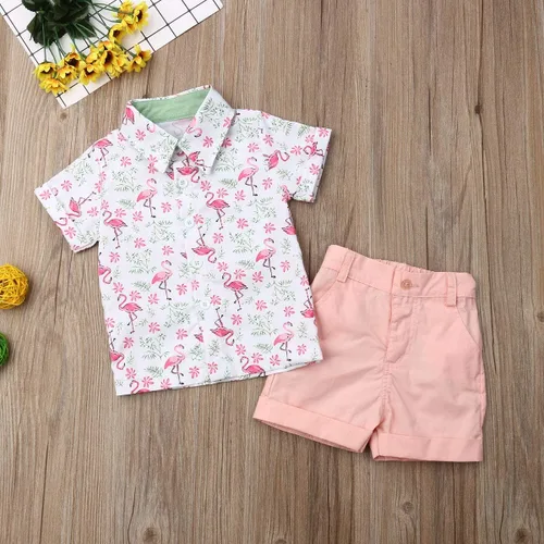 Miniatura 92 de Conjunto de camisa de manga corta con botones y pantalones cortos casuales con diseño de flamingo, para bebés y niños de 1 a 6 años, atuendos