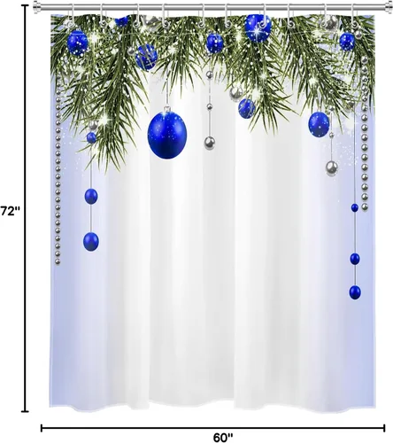Miniatura 8 de Cortina de ducha de Feliz Navidad, bolas de Navidad azules y ramas de pino verde en tela blanca moderna, cortina de ducha para baño, cortina de baño
