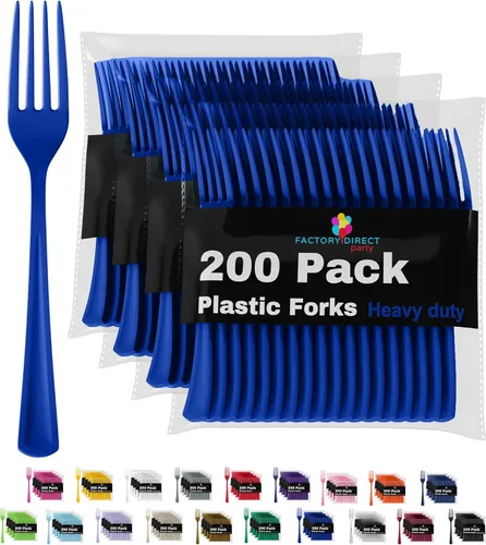 Party Solids Tenedores de plástico azul oscuro, 200 piezas, tenedores azul oscuro, utensilios desechables, juego de cubiertos de plástico
