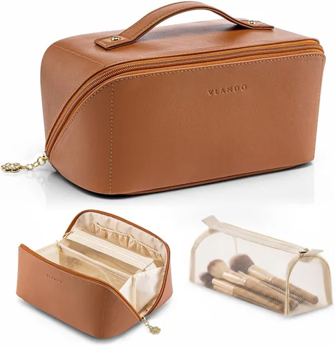 Miniatura 21 de Vlando Bolsa de maquillaje de viaje, neceser para mujer, piel sintética, abierta, plana, bolsa de maquillaje, Clásico elegante
