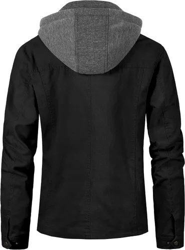 Miniatura 3 de Pursky Chaqueta de lona de algodón militar casual para hombre con capucha desmontable