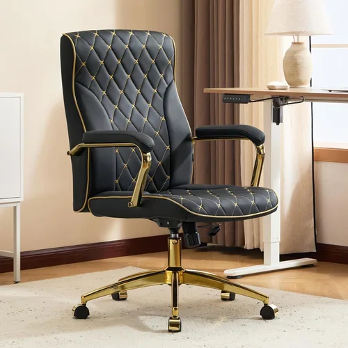 Miniatura 9 de Furniliving Silla de oficina negra y dorada, sillas de oficina de cuero, silla de tocador ajustable con patas doradas y reposabrazos acolchado, Negro