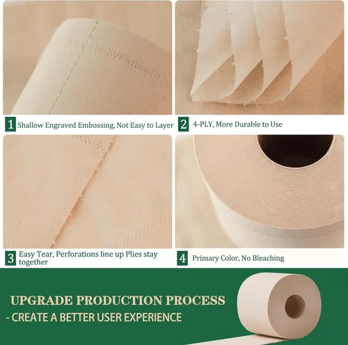 Miniatura 4 de Papel higiénico de bambú, 4 capas, 18 rollos, 200 hojas por rollo, total de 3600 hojas, sin blanquear, sostenible y sin árboles, suave, fuerte