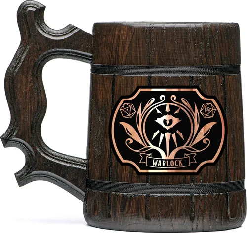 Taza de cerveza de clase Warlock de 17 onzas, regalo de fiesta de mazmorras y dragones para amantes de dnd, taza de cerveza de madera personalizada