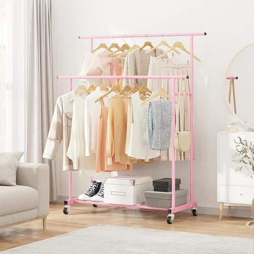 Miniatura 5 de Calmootey Perchero de ropa de doble barra, organizador de ropa portátil para dormitorio, sala de estar, tienda de ropa, rosa