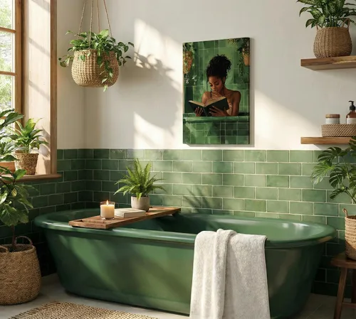 Miniatura 4 de Lienzo de mujer afroamericana, arte de pared de niña negra leyendo en el baño, imagen de arte de pared verde simplicidad mujer negra, póster