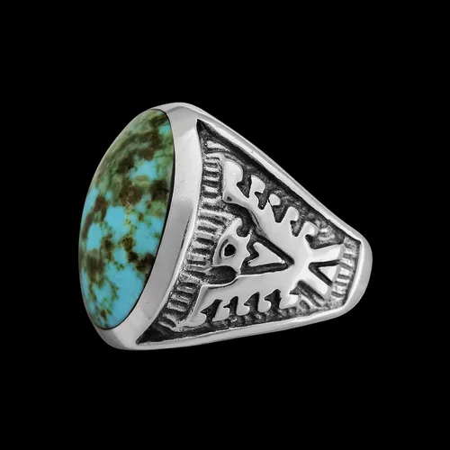 Miniatura 4 de Size 12-925 Sterling Silver Oval Sierra Nevada Turquoise Cabochon Ring, Southwestern Thunderbird Design, Statement High Polish Gemstone Band