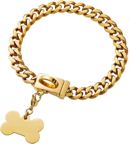 Collar de cadena de acero inoxidable fuerte para perro con hebilla de fácil bloqueo y liberación, chapado en oro de 18 quilates, cadena de eslabones