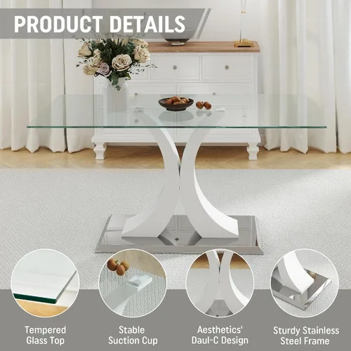 Miniatura 6 de Moderno juego de mesa de comedor rectangular de vidrio para 4, 63 pulgadas, mesa transparente de cocina de lujo con base negra y dorada, 4 sillas