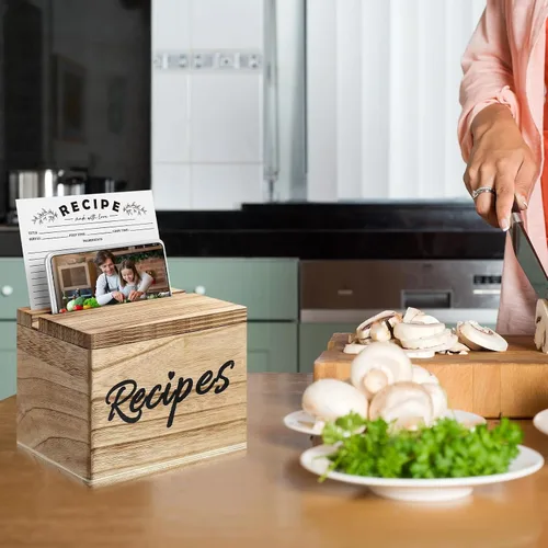 Miniatura 5 de Hoteam Caja de Recetas de Madera con Tarjetas, Soporte para Tarjetas de Recetas de Madera Rústica con 50 Piezas, Juego de Tarjetas de 5 x 7, Caja