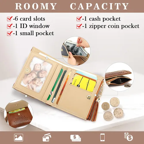 Miniatura 2 de APHISON Cartera pequeña para mujer, cartera RFID de girasol para mujer, de piel, bonita, compacta, plegable, con cremallera, borla, monedero