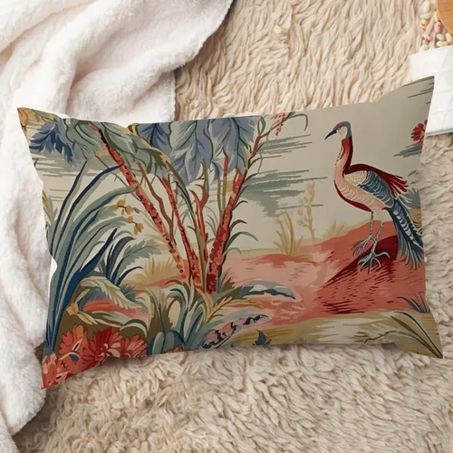Miniatura 7 de ArogGeld Funda de cojín lumbar asiática de estilo chinoiserie, de lino marrón, pájaro y flor, funda de almohada asiática para sala de estar, A-6