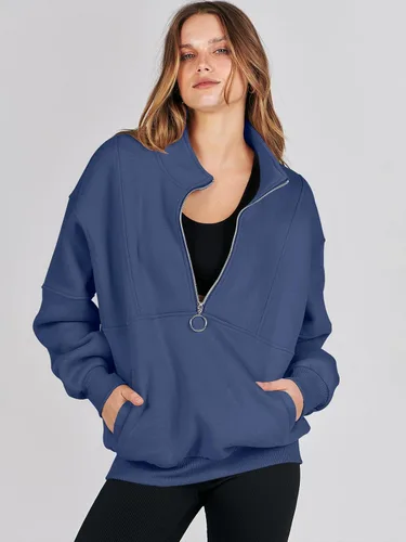 Miniatura 3 de ANRABESS Sudaderas de forro polar con media cremallera para mujer, de gran tamaño, con cremallera de un cuarto, ropa de otoño 2024, ropa de moda